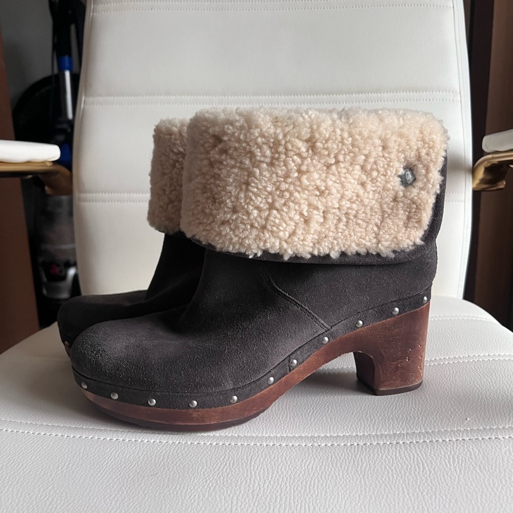 UGG Black Suede Mules with Cream Shearling